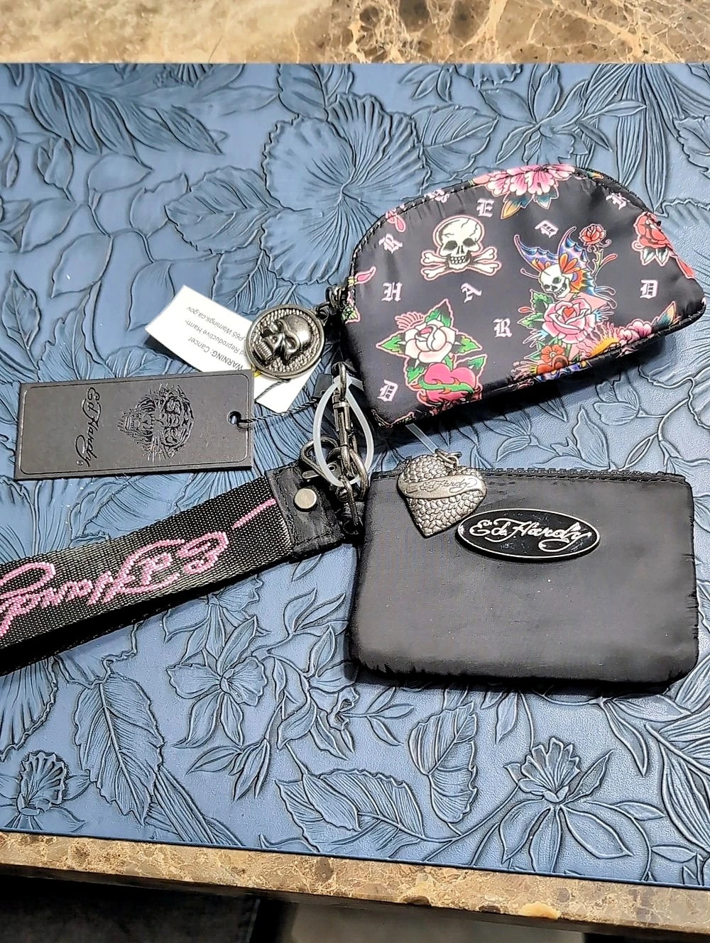 Ed Hardy Dual Pouch Wristlet Keychain Set Black & Pink NWT